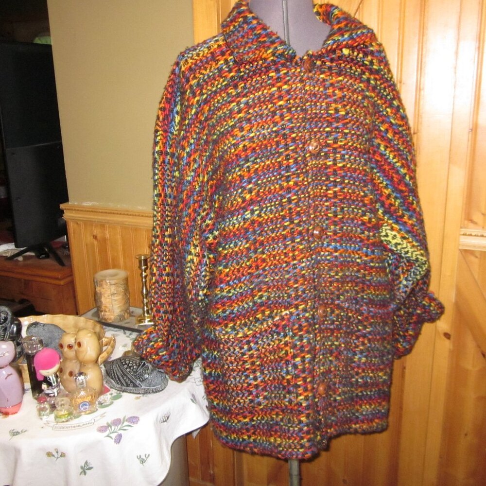 VTG RAINBOW MIXED 100 WOOL SHACKET SWEATER JACK BOHO OVESIZE COLLAR POCKETS LG